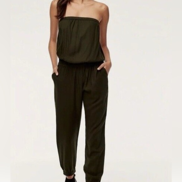 Aritzia Talula Dark Green Romper Jumpsuit Strapless Cinched Waist Jogger (XXS) - Picture 1 of 6